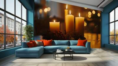 Candles standing on the table on New Year's Eve or Christmas. Wall mural