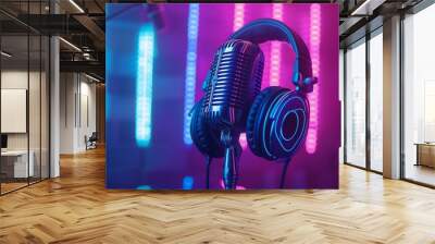 close up of microphone and headphones for podcasts or asmr sounds Wall mural