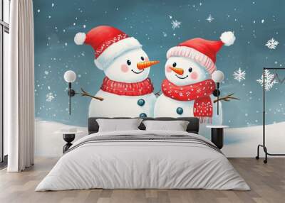 Cute Christmas snowman couple on a happy holiday card. Wall mural