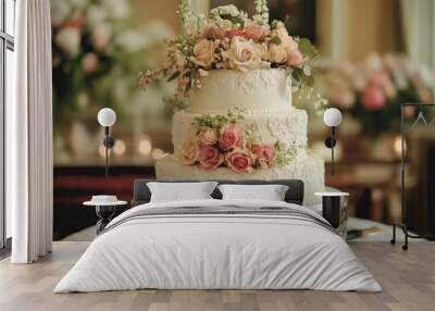 Elegant vintage wedding cake with floral decorations on display Wall mural