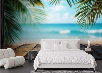 Empty wooden table with blurred beach background Wall mural