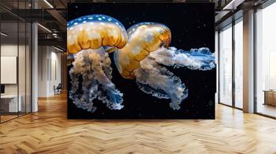 Giant jellyfish swimming in dark water Wall mural