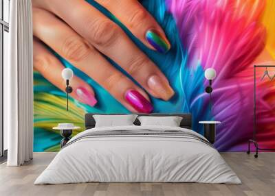 Glamour woman hand with luxury rainbow color nail polish manicure on fingers, touching rainbow feathers, close up for cosmetic advertising, feminine product, romantic atmosphere use Wall mural