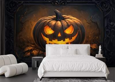 Illustrated Halloween pumpkin with eerie black ornate frame Wall mural