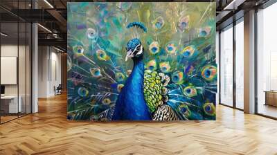 Peacock. Oil paint on canvas. Interior painting. Beautiful background Wall mural