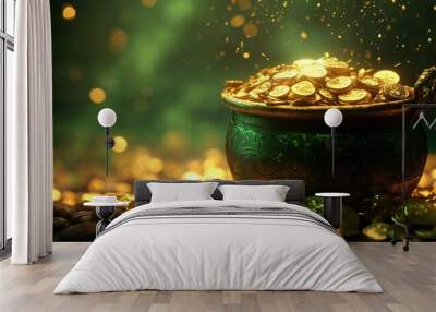 Saint Patrick's Day and Leprechaun's pot of gold coins Wall mural