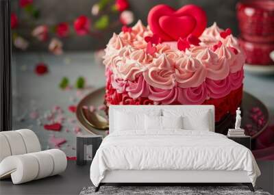 St. Valentines day cake with red and pink cream Wall mural