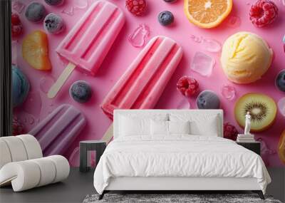 Top view of tasty colorful ice cream set of summer ice cream with berries Wall mural