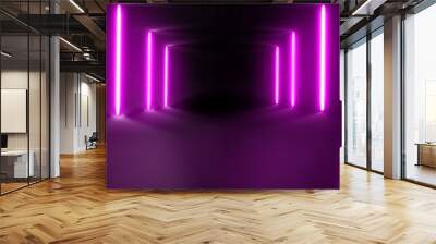 background in which two neon rods of purple flowers in the corridor with reflection in the floor
 Wall mural