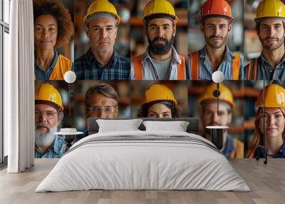 Diverse Group of Construction Workers in Safety Gear Posing Indoors at a Job Site Wall mural