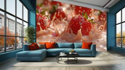 Fresh Strawberries Splashing Into Creamy Liquid Creating a Delicious and Vibrant Effect Wall mural