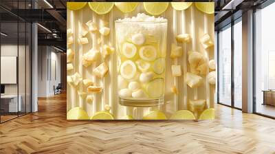 Refreshing Beverage With Lime Slices and Coconut Pieces Arranged Artfully on a Neutral Background Wall mural