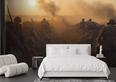 Soldiers in Trenches During a Wartime Sunset, Observing the Battlefield, With Smoke Rising Wall mural