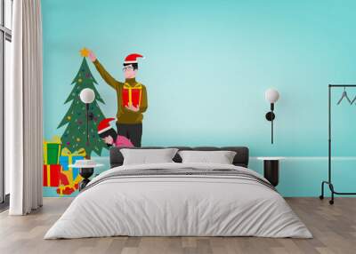 a couple is preparing for Christmas celebrations with christmas tree flat design vector illustration, family christmas party cartoon, couple with santa claus hats Wall mural