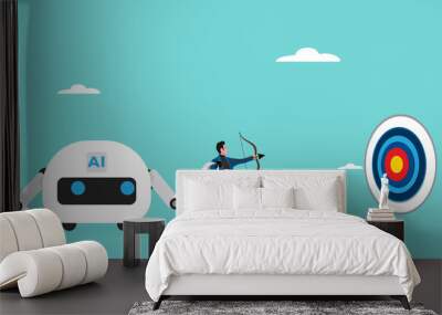 AI with future of the work illustration with the concept of an AI robot that helps a businessman pull arrows to aim at targets, human and robot collaboration in the workplace Wall mural