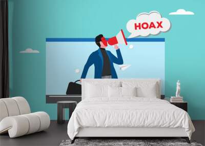 business people convey fake news or hoax with megaphones and masks of falsehood on video playback media, hoax or fake news illustration, misleading information from social media concept illustration Wall mural