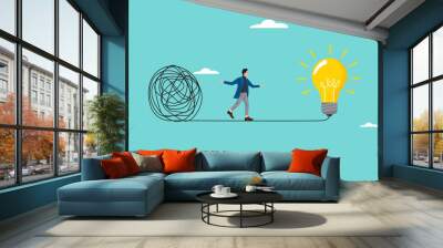 Careful of Problem Solving with creative idea solution, thought process to find a way out of a problem, conscientious businessman crossed a stretch of messy lines to a lightbulb idea Wall mural