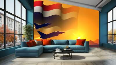 fighter jet plane with thailand waving flag background design with sunset view suitable for national thailand air forces day event Wall mural