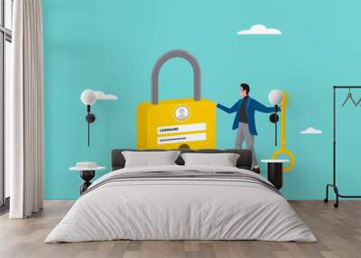 high protection for data security, safety for login account or trong password for cyber security, secure data privacy, businessman hold key with user account lock with strong pad lock concept Wall mural