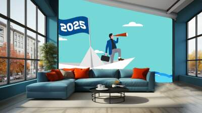 new plan or business strategy in 2025, businessman sailing on a paper boat with 2025 waving flag while scouting for business opportunities using telescope, business opportunities, happy new year 2025 Wall mural