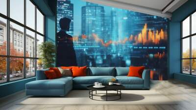 Businessman Looking at Data in Cityscape Wall mural