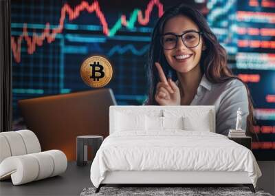 Cryptocurrency Investing, Woman Investing in Bitcoin Wall mural