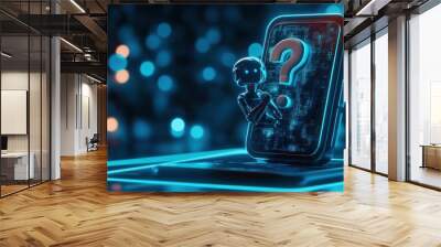 Robot with Question Mark on Smartphone Wall mural