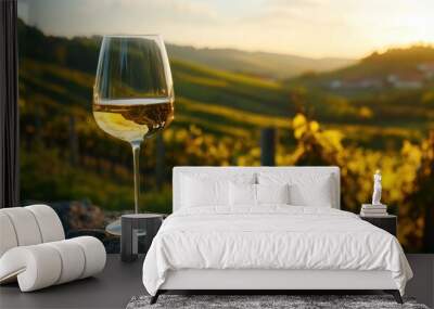 Wine Glass in Vineyard at Sunset Wall mural