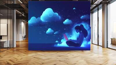 Woman Working on a Laptop in a Cloud Environment Wall mural