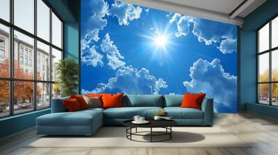 blue sky with clouds and sun reflection.the sun shines bright in the daytime in summer highlighted by white, png Wall mural