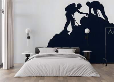 help and assistance concept. silhouettes of two people climbing on mountain and helping highlighted by white, png Wall mural