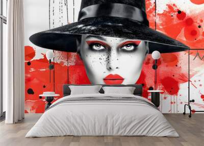 trend artwork sketch photo collage of caricature huge eye peek watch vision way red carpet young lady fashion style wear hat suit highlighted by white, flat design, png Wall mural