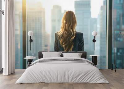 young businesswoman working in the office while standing near window highlighted by white, png Wall mural