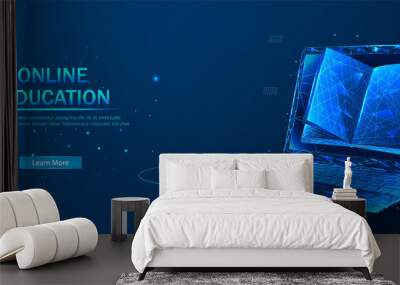 Digital Vector illustration. Low poly wireframe online education blue background or concept with opened book.  Online reading or courses. Digital Classroom Online Education. Wall mural