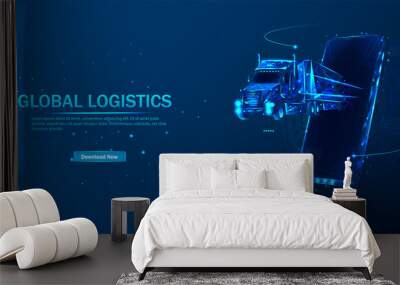 Logistics and distribution vector color wireframe mesh. Logistics low poly art illustration.Vehicle, transport delivery, cargo logistics concept. Freight transport, international delivery. Vector Wall mural