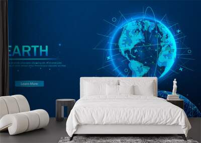 Network. Planet Earth from space. Flickering lights of cities. Map of the mainland. Global communications system and the World Wide Web. Technologies and communications. Globalization. Luminous sphere Wall mural