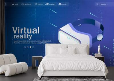 VR helmet. Metaverse technology concept. Virtual or augmented reality concept in isometric vector illustration. Connecting VR glasses to the network. Vector illustration Wall mural