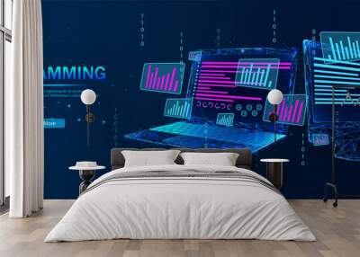 Web development and coding. Software, web development, programming concept. Abstract programming language and program code on the laptop screen. Technological process of software development.  Wall mural