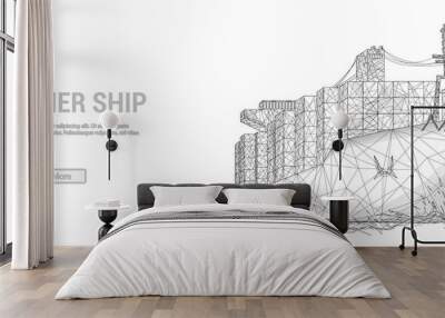 Сontainer ship, cargo ship in futuristic polygonal style with wireframe, triangles low poly on blue background with stars. Marine Logistics Banner. Worldwide cargo ship. Vector illustration Wall mural