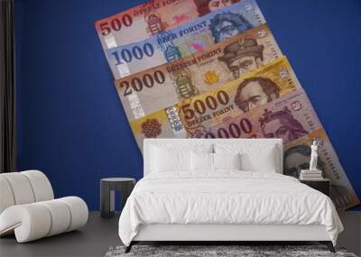 Several Hungarian forint paper money denominations on a blue background. Bank image and photo. Wall mural