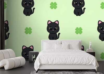 Seamless pattern with cute black cat and  clover leaf good luck symbols, design for wrapping, fabric, background, stationery, drawing, jpg. Wall mural