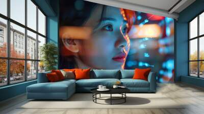 A focused young woman gazes at glowing digital data, reflecting her engagement with technology and innovation in a modern, vibrant environment. Wall mural