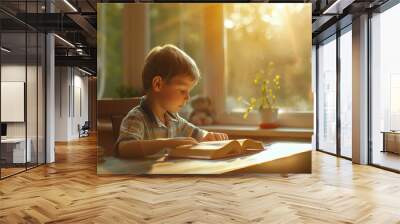 Little cute boy studying the scriptures at home, Christian bible study concept. Wall mural