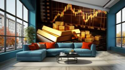 Stack of gold bars pile with forex trading graph, Gold stock market exchange concept. Generative AI. Wall mural