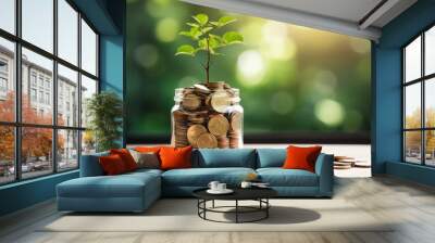 Tree grows on coins in glass jar, Generative AI. Saving money and finances and Green business growth concept. Wall mural