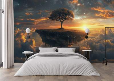 Portrait of a dreamland with a single tree island hanging in the middle of nowhere  Wall mural