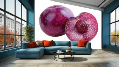 Portrait of a fresh plum and another half cut plum on its side isolated on a transparent background Wall mural