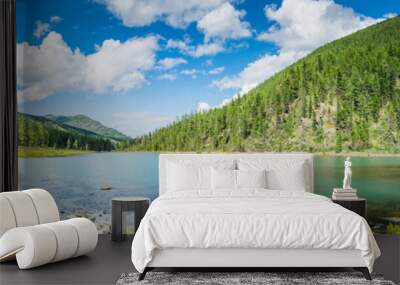 Panoramic view on mountain lake in front of mountain range, national park in Altai republic, Siberia, Russia Wall mural