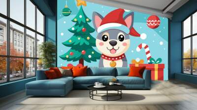 make a cute dog is celebrating christmas day vector art illustration Wall mural