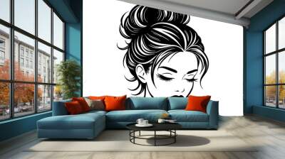 woman face with messy hair bun silhouette silhoue Wall mural